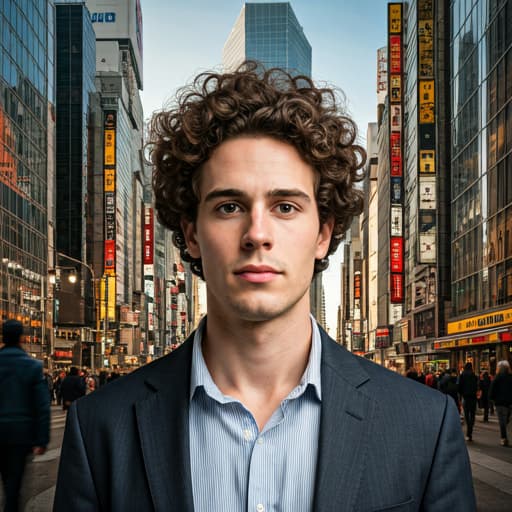 Portrait of a young man standing in a cluttered city street