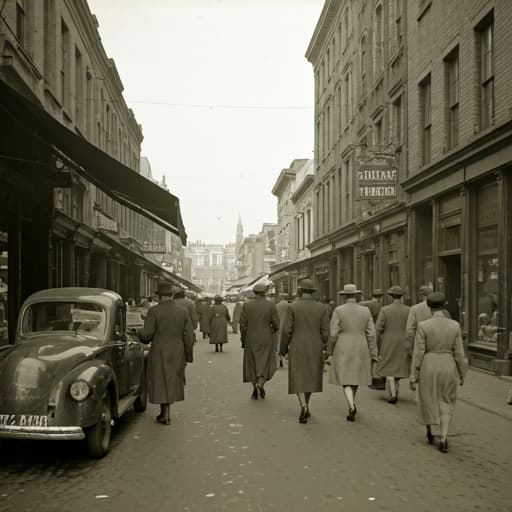 Vintage black-and-white 1940s street market
