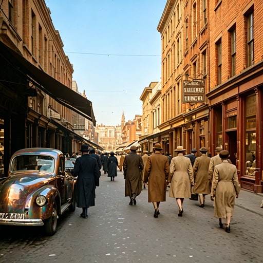 Colorized 1940s street market with vivid fruit stalls