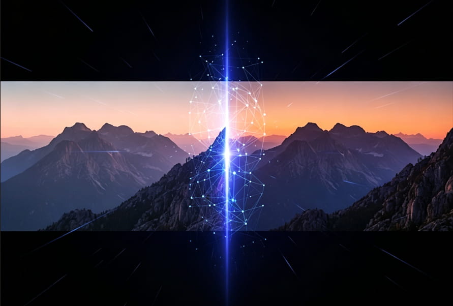 Modern professional camera with cinematic neon ambient lighting